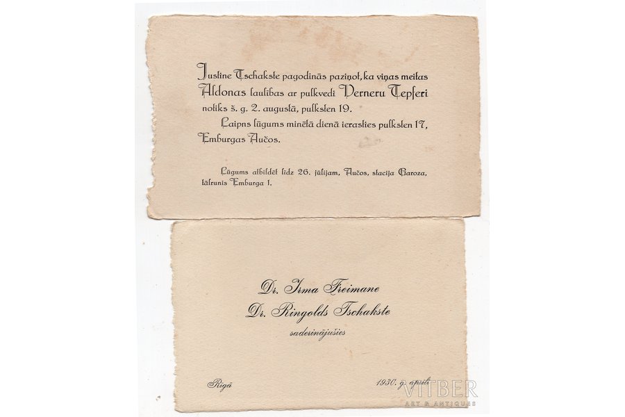 визитная карточка, 2 шт., члены семьи президента Латвии Чаксте, Латвия, 20-30е годы 20-го века, 16.6x10, 14.4x9.2 см