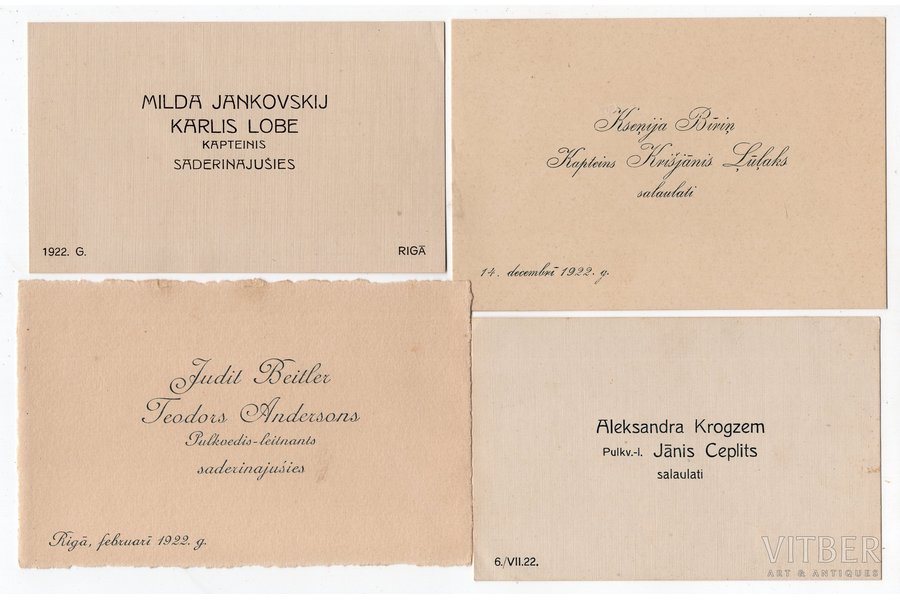vizītkarte, 4 gab., kāzas, Latvija, 20. gs. 20-30tie g., 14.2x9, 13.5x9, 13x7.8, 12.8x8.2 cm