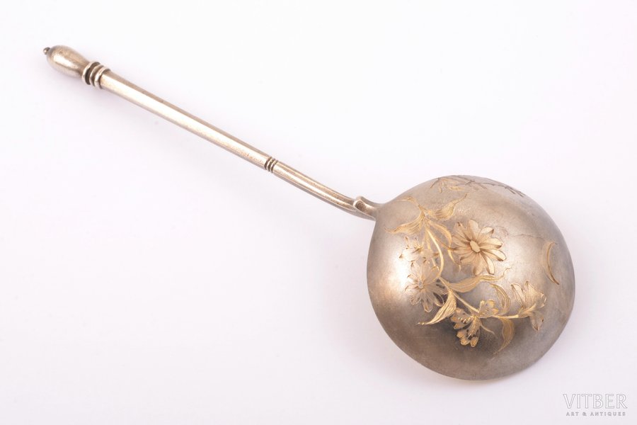 serving spoon, silver, 84 standard, 66.90 g, engraving, gilding, 19 cm, 1896-1907, Russia