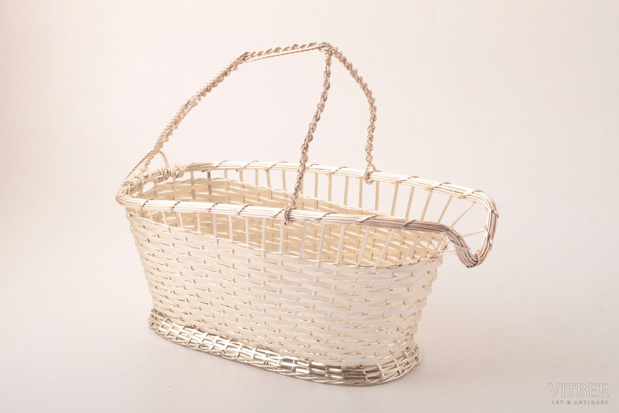 wine bottle basket, silver plated, metal, h (with handle) 20.8 cm, base 20 x 9 cm