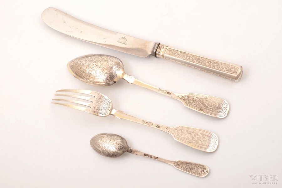 flatware set of 4 items, silver/metal, 84 standard, total weight of items 285.75 g, including knife (silver/metal) 124.75 g, engraving, 27 - 14.7 cm, 1856-1884, Moscow, Russia, marks of different makers
