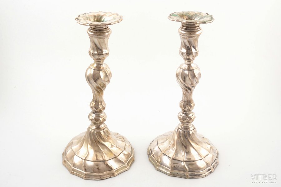 pair of candlesticks, silver, 830 standard, total weight of items (with filling material) 1397 g, h 24.5 / 25 cm, the beginning of the 20th cent., Germany, small defects (holes)