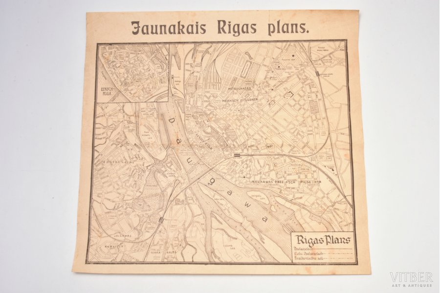 karte, Jaunākais Rīgas plāns, Latvija, Krievijas impērija, 20. gs. sākums, 33.5 x 35.5 cm