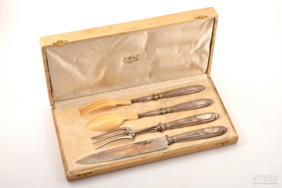meat carving set of 4 items, silver/metal, 950 standard, total weight of items 364.45 g, bone, 27.5 - 32 cm, France, in a box