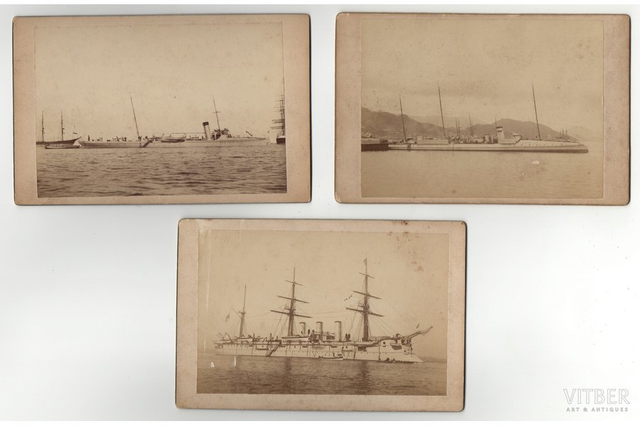set of photographs, 3 pcs., on cardboard, Imperial Russian battleships, Russia, Japan, the border of the 19th and the 20th centuries, 9.2 x 14 / 9.5 x 14 / 10 x13.5 cm