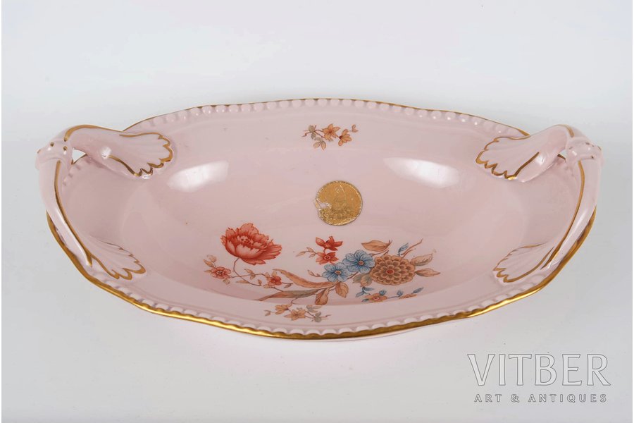 candy-bowl, rose colour porcelain, original manufacturer's gold label, M.S. Kuznetsov manufactory, Riga (Latvia), ~ 1935, 23 x 16.5 cm