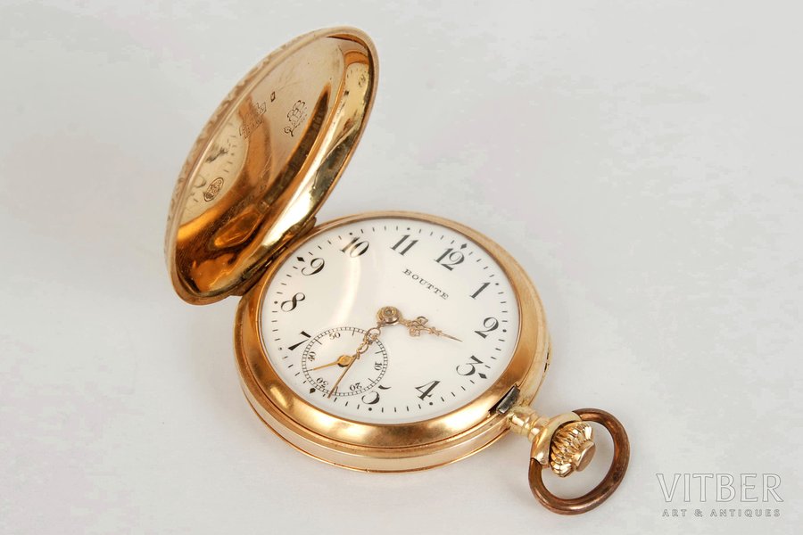 карманные часы, Boutte, Швейцария, начало 20-го века, золото, 585 проба, 22 г, в исправном состоянии, диаметр - 3.2 см