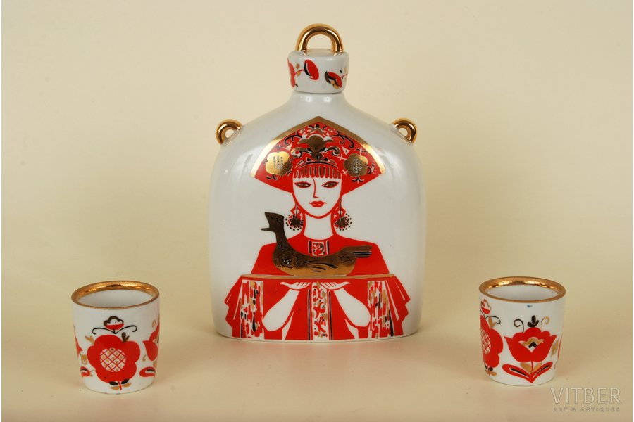 carafe, beaker, set, LFZ - Lomonosov porcelain factory, USSR, the 50ies of 20th cent., 17 + 5 + 5 cm, 2 beakers
