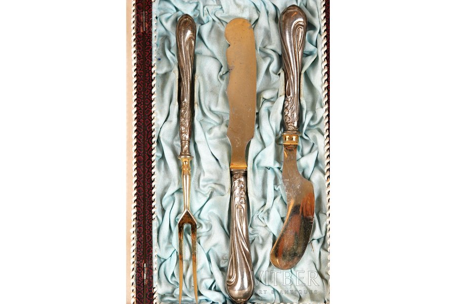 fork, knife, silver, a set of 3 pcs., 84 standard, the beginning of the 20th cent., Moscow, Russia