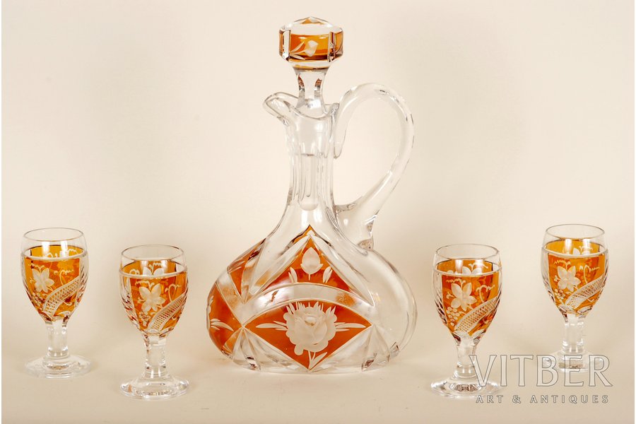 carafe, small glass, set of 5 items, Ilguciems glass factory, the 20-30ties of 20th cent.