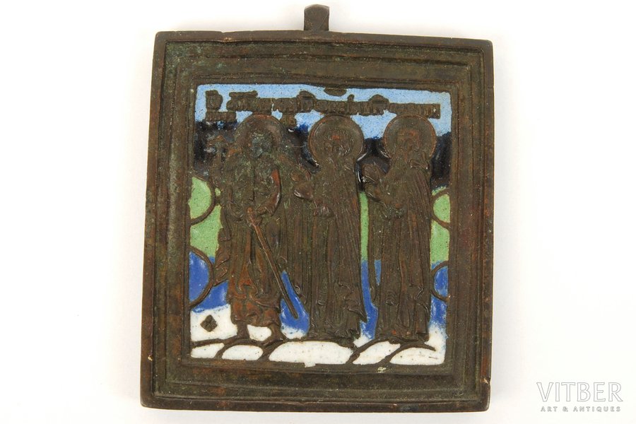 Ангел-хранитель, преподобные Зосима и Савватий, бронза, 5-цветная эмаль, Российская империя, 19-й век, 6 x 5.5 см