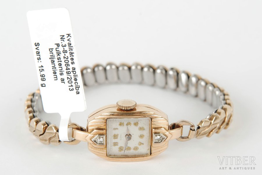 wristwatch, "Birks", Switzerland, the 20-30ties of 20th cent., gold, 585 standart, 2 brilliants