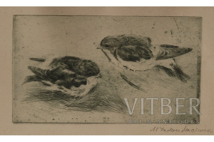 Induss-Muceniece Maria (1904-1974), Bullfinches, 1930е, paper, etching, 9.5 x 16.5 cm