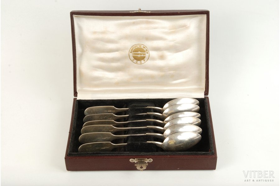 set, spoon, silver, 6 psc., 84 standard, 169 g, 1908, Moscow, Russia