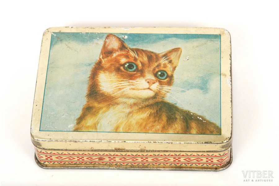 kastīte, Kaķis, L.W.Goegginger, 3 cm x 9 cm x 12 cm, metāls, Latvija, 20 gs. 20-30tie gadi
