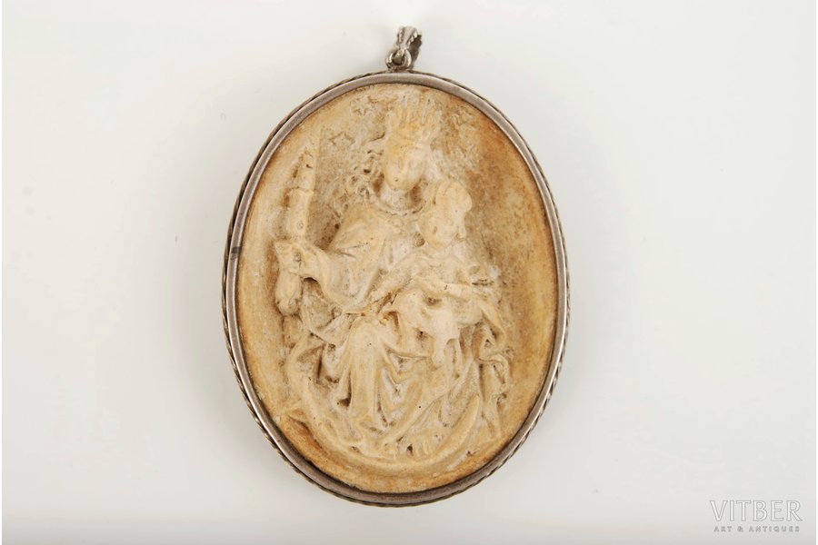 католическая, резная кость, Дева Мария, серебро, 19-й век, 6 x 4.5 см