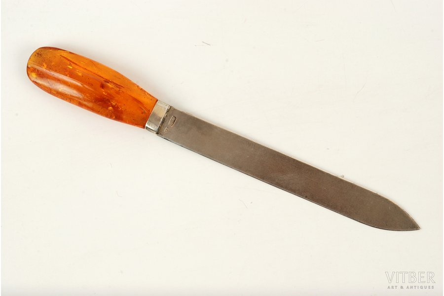 нож для писем, серебро, с янтарной ручкой, 21.5 см, 875 проба, 29.9 г, 20-30е годы 20го века, Латвия