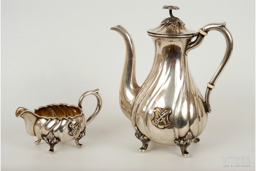 set, small teapot, cream jug, silver, author Bakstat, Tartu, 84 standard, 103.2 + 363.7 g, the 2nd half of the 19th cent., Russia, master JL