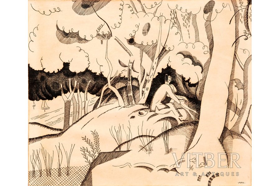 неизвестный автор, Влюблённые в дюнах, 1932 г., бумага, тушь, 20 x 24 см