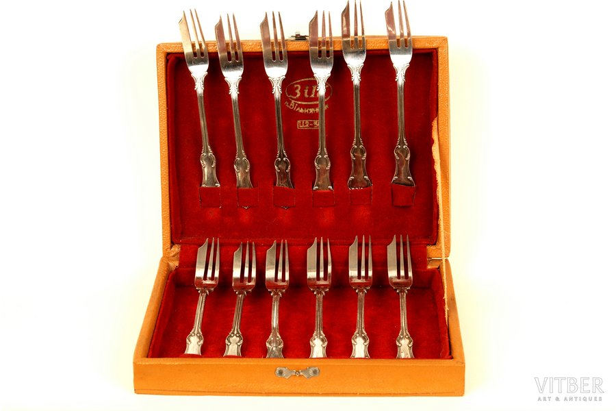 set, fork, silver, 12 pcs., Herman Bank, 875 standard, 364 g, the 20-30ties of 20th cent., Riga, Latvia