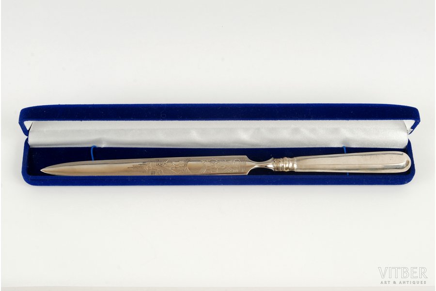 нож для писем, серебро, 84 проба, начало 20-го века, С.- Петербург, Российская империя, серебрянная рукоятка, длина ножа 22 см