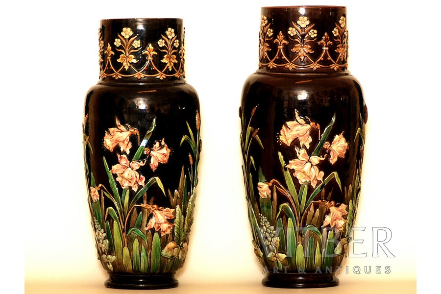 vase, pair, "Zelm & Boehm", ~48 cm, majolica, Latvia, Russia, ~ 1890