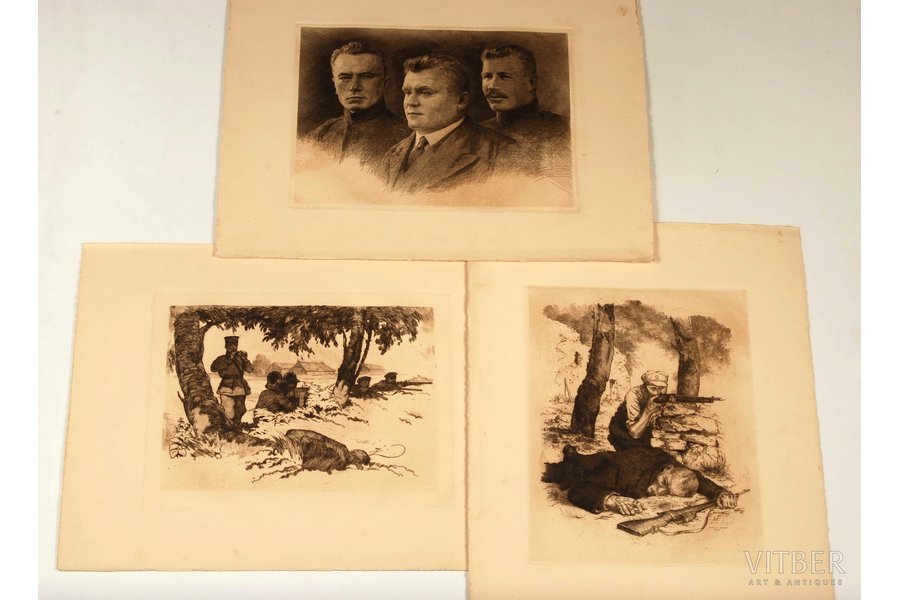 Bange Francis (1895-1974), Zariņš Rihards K.V. (1869-1939), nezināms autors, K.Ulmanis ar biedriem, kara ainavas, 1930-ые g., papīrs, oforts, 31 x 24, 23 x 31, 21 x 28 cm