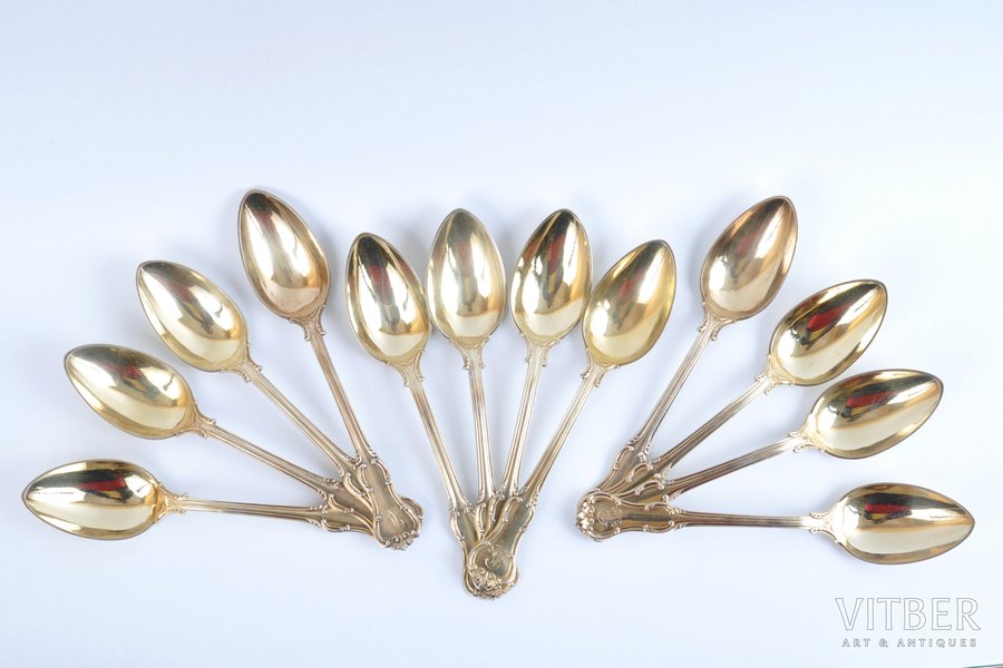 set, spoon, silver, 12 psc., 84 standard, 565 g, 1908-1918, Riga, Russia, length 18 cm
