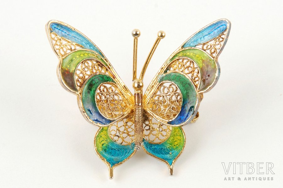 Бабочка, флорентийская скань, витражная эмаль, серебро, 800 проба, 4.7 г., размер кольца 3.5 x 3, 60-80е годы 20го века, Италия
