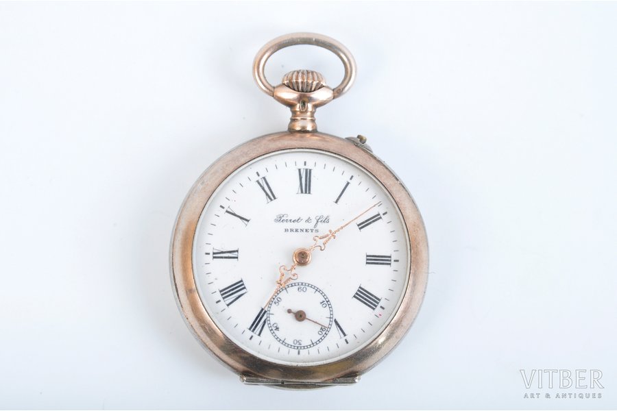 карманные часы, "Brenet", начало 20-го века, серебро, 84 проба, 29.6 г, в исправном состоянии, д = 3.3 см