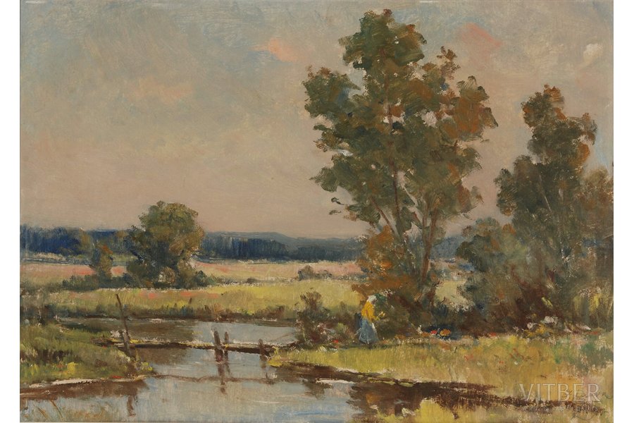 Lauva Jānis (1906 - 1986), Ainava ar upi, 1975 g., kartons, eļļa, 70 х 50 cm