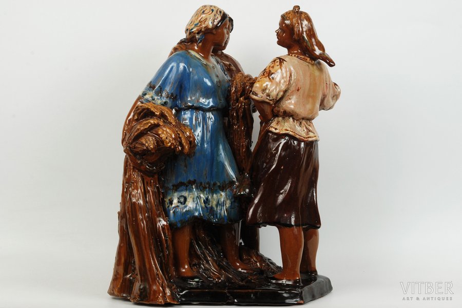 figurine, Three farm collective workers, ceramics, USSR, sculpture's work, the 50ies of 20th cent., ~40 cm, Probably, the author is N.Maksimchenko. A hand is missing; defects of glaze; slight chips on a basement