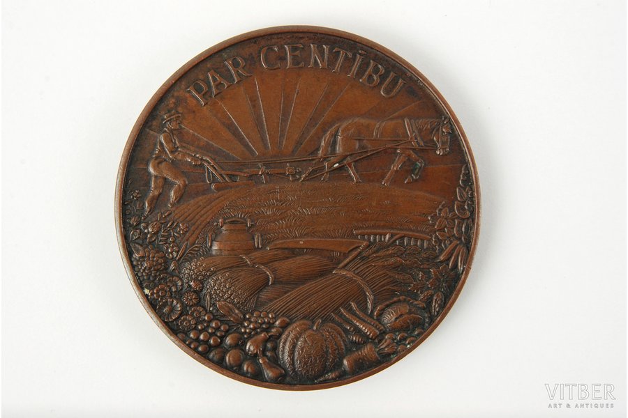 table medal, For diligence, Agriculture ministry, bronze, Latvia, 20-30ies of 20th cent., d = 5 cm