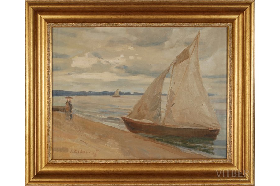 Zeberiņš Indriķis (1882 - 1969), Jūrmalas ainava ar buru kuģiem, ~30-ый g., audekls, eļļa, 38 x 51 cm