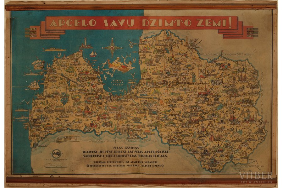 плакат, Карта Латвии "Путешествуй по родной земле", 1938 г., 45 х 65 см, дефект