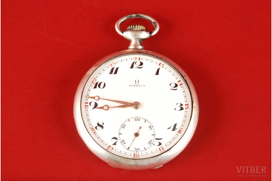 pocket watch, "Omega", d=49 mm, Switzerland, the 20-30ties of 20th cent., silver, 900 standart