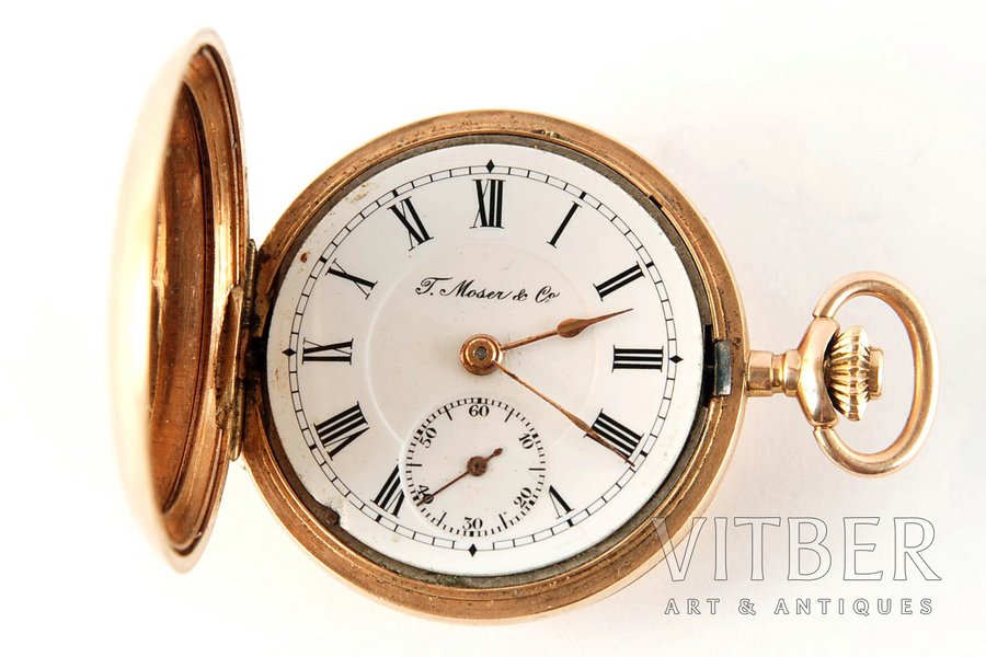 карманные часы, "Moser", Швейцария, начало 20-го века, золото, 56 проба, 25.5 г, отсутствует стекло, механизм исправный