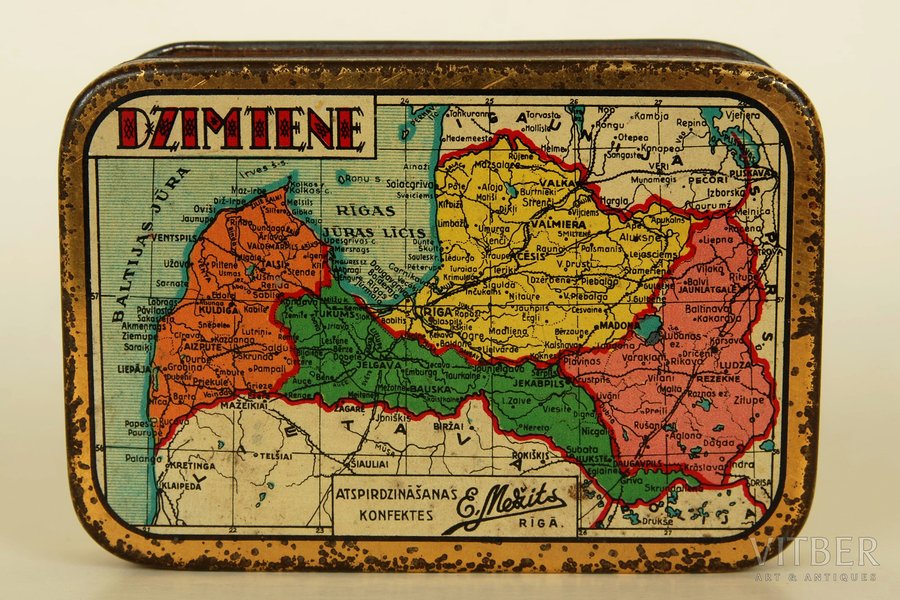 box, "Homeland", sweets, E. Mezhits, metal, Latvia, 1930, 1.5 x 5.5 x 8 cm