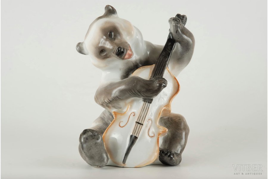 figurine, Bear with a contrabass from an orchestra, porcelain, USSR, LFZ - Lomonosov porcelain factory, the 50ies of 20th cent., 15 cm, 1st rate