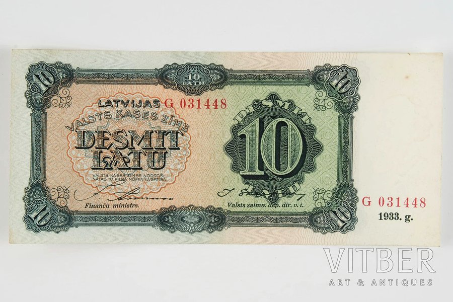 10 lats, 1933, Latvia