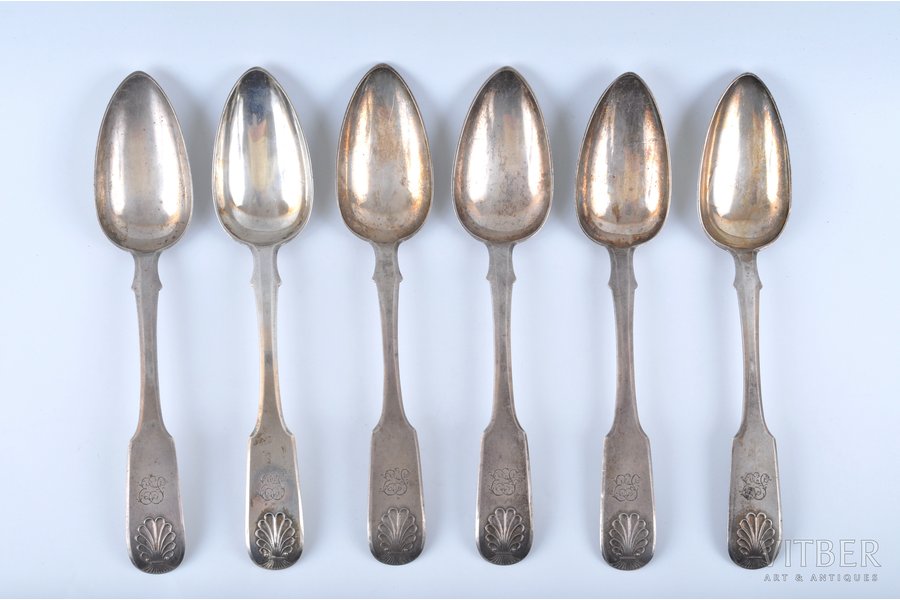 spoon, silver, 84 standard, 418 g, 1844, St. Petersburg, Russia, 6 psc., A.E.