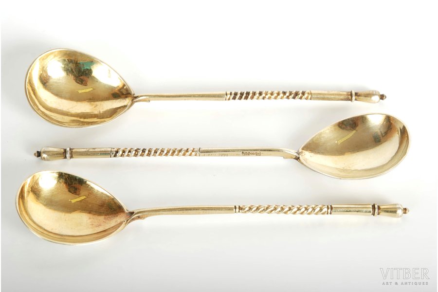 set, spoon, silver, 3 psc., 84 standard, 100 g, 1894, Moscow, Russia