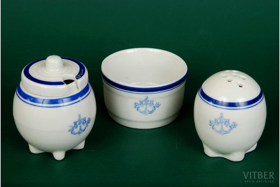 saltcellar, mustard pot, set, RKVMF, worker-villager navy, complect of 2 salt-cellars and a mustard pot, Dulevo, USSR, the 30ties of 20th cent., 6, 7, 4 cm