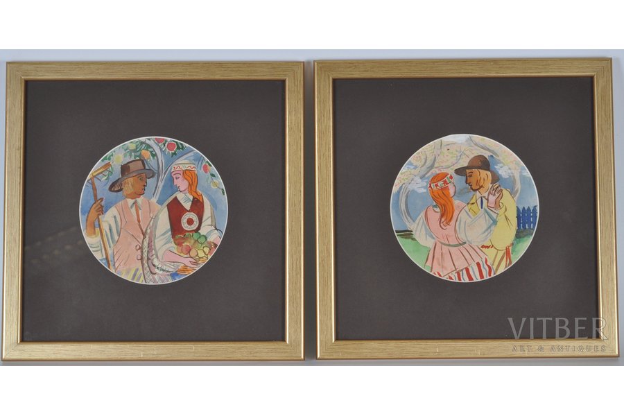 Suta Romans (1896-1944), Divi meti ar tautas motviem šķīvjiem, papīrs, akvarelis, 24 x 24 cm