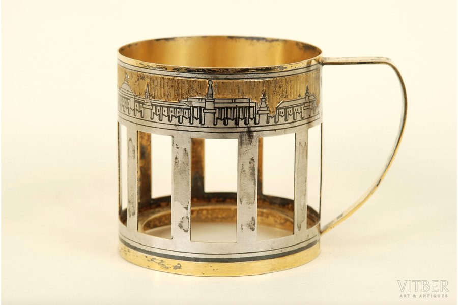 tea glass-holder, silver, Moscow architecture, northern niello enamel, 875 standard, 89.2 g, the 60-80ies of 20th cent., Moscow, USSR, Moscow jewelery factory
