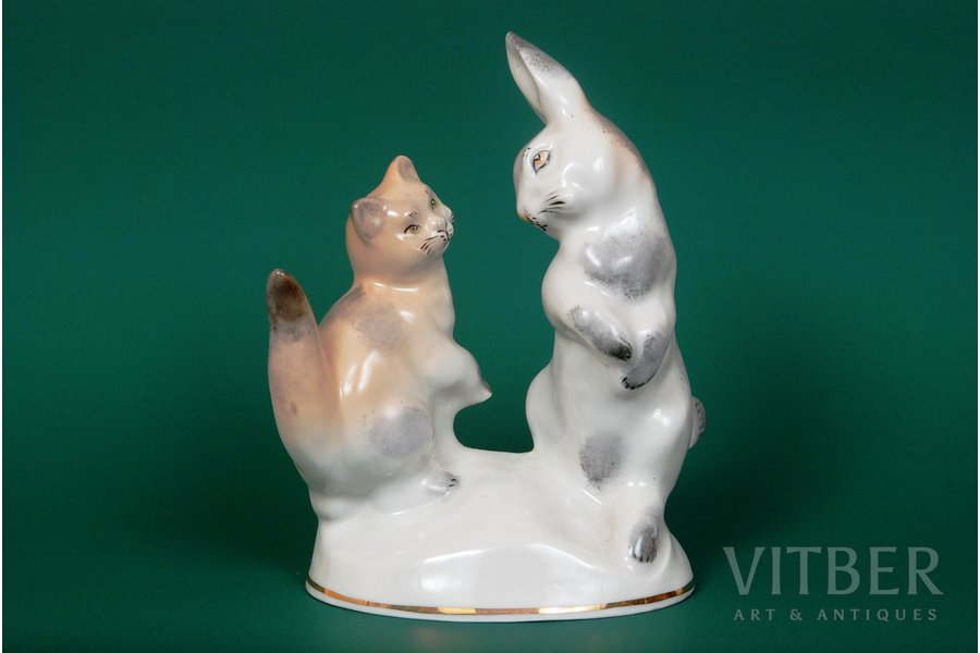 figurine, Cat and hare, porcelain, Riga (Latvia), USSR, Riga porcelain factory, molder - Lize Dzeguze, the 50ies of 20th cent.