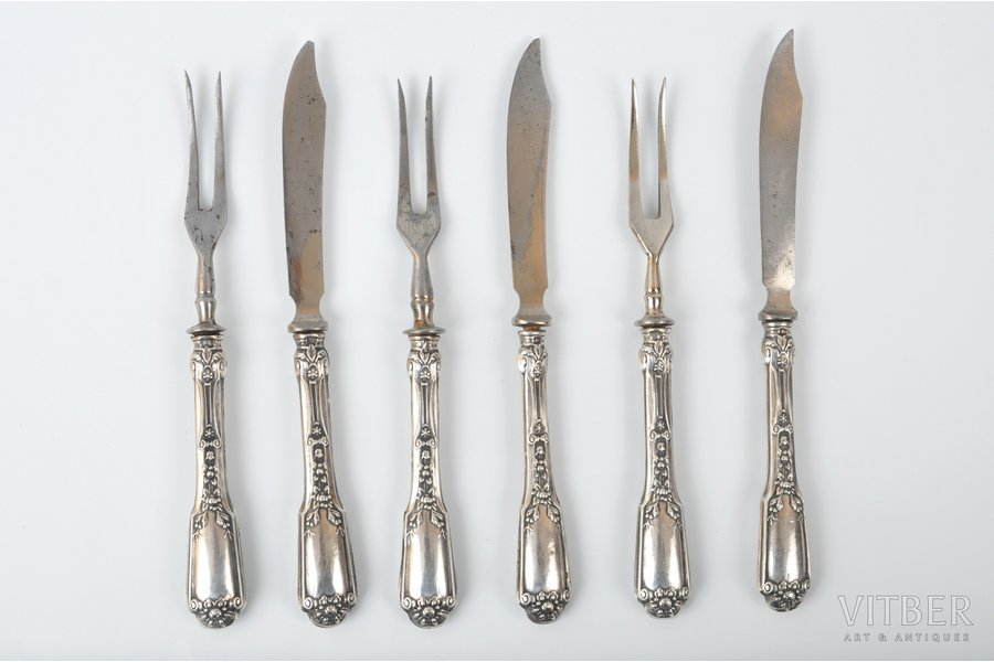 silver, 3 knives and 3 forks for fruit, 106.76 g, 14.5, 15.5cm, hallmark 84, Russian empire, Moscow, 1908