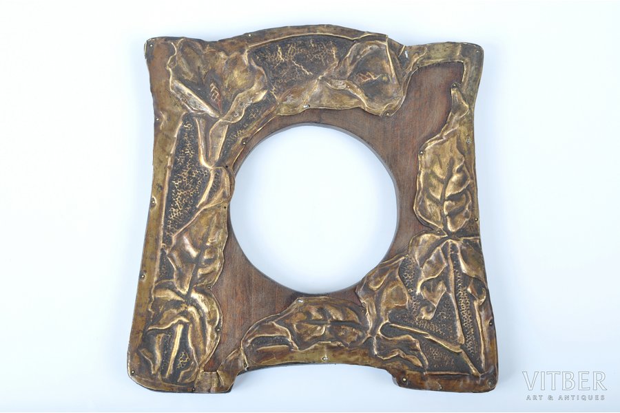 photo frame, for photos, art-nouveau, stamping, wood, copper, Russia, the beginning of the 20th cent., 14 x 14 cm