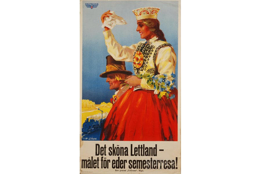 Linde Verners (1895-1970), "Latvijas skaistums - mērķis jūsu atvaļinājuma ceļam!" ( zviedru - Det sköna Lettland - målet för eder semesterresa!), 1935 g., plakāts, papīrs, litogrāfija, 106.5 x 61.5 cm