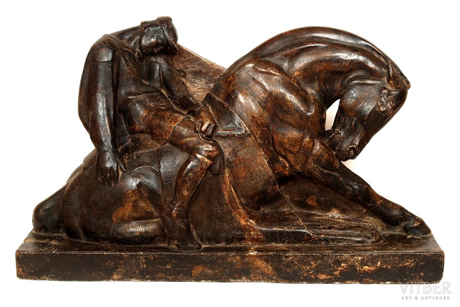 статуэтка, скульптура - "Павший всадник", гипс, Рига (Латвия), авторская работа, автор модели - Карлис Зале, 30-е годы 20го века, 42x72.5x19.5  см